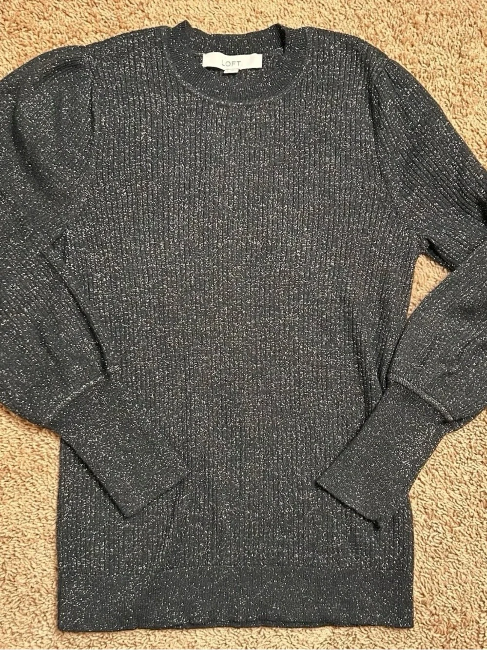 Loft Black Gold Shimmer Sparkle Puff Sleeve Knit Sweater Medium Party Chic Date